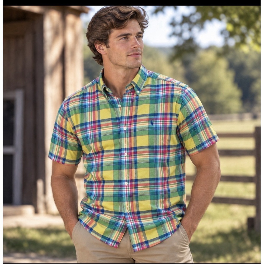 Polo Ralph Lauren Men 2XLT Short Sleeve Plaid Button Down Shirt Multi Color